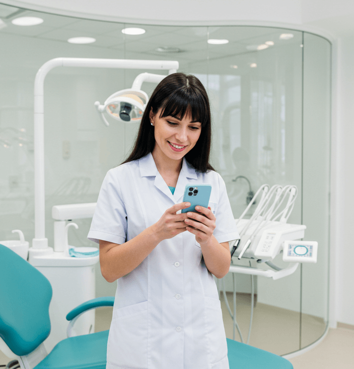 Dentista profissional usando smartphone em clínica odontológica moderna